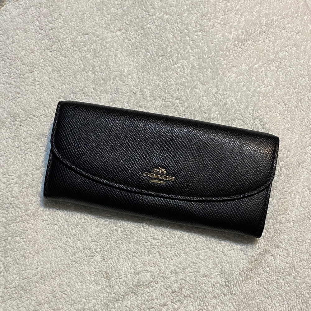 Coach Black Saffiano Continental Wallet with Gold Accent